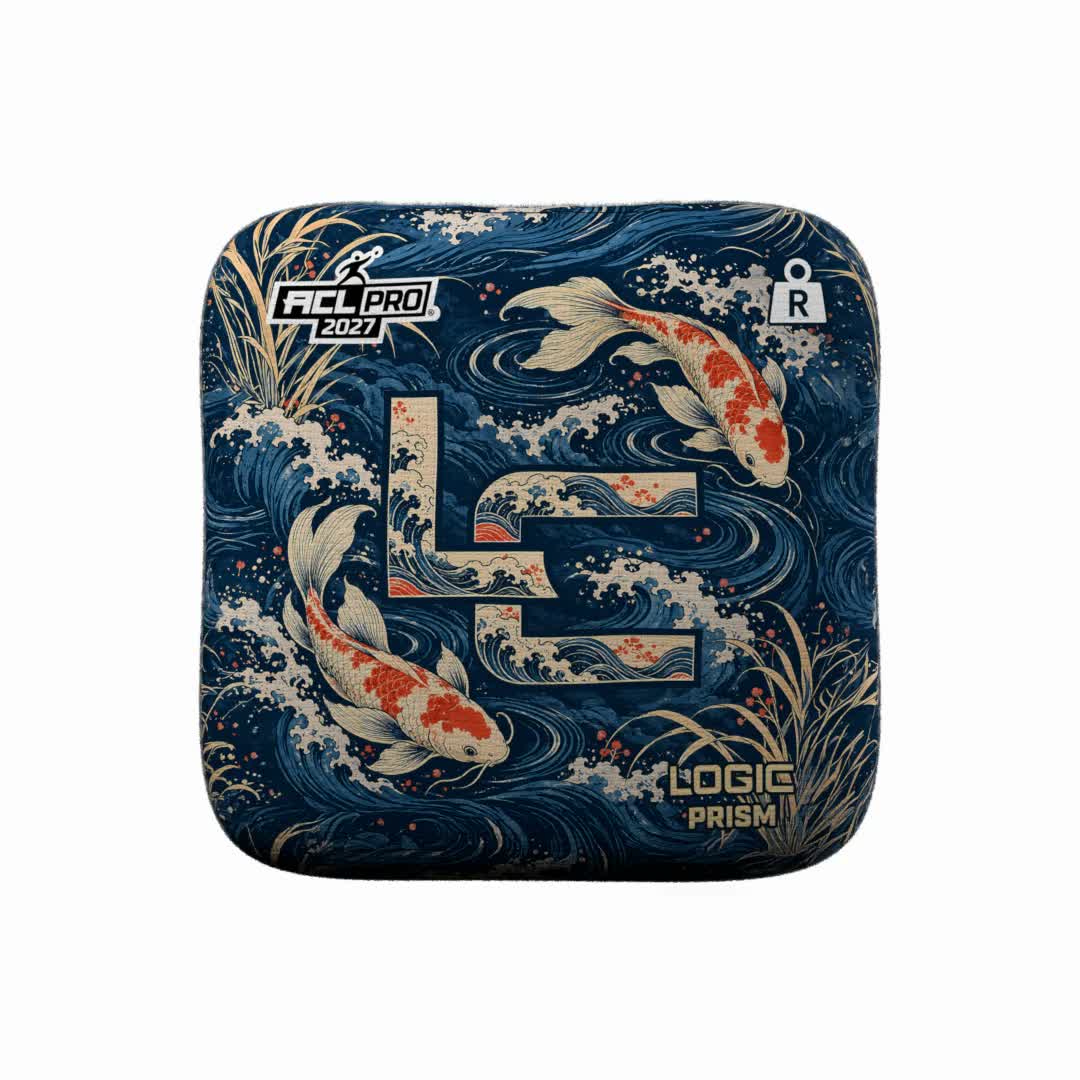 Koi LC Prism cornhole bags with Denim carpet — seamless 360-degree studio view of a set of four.