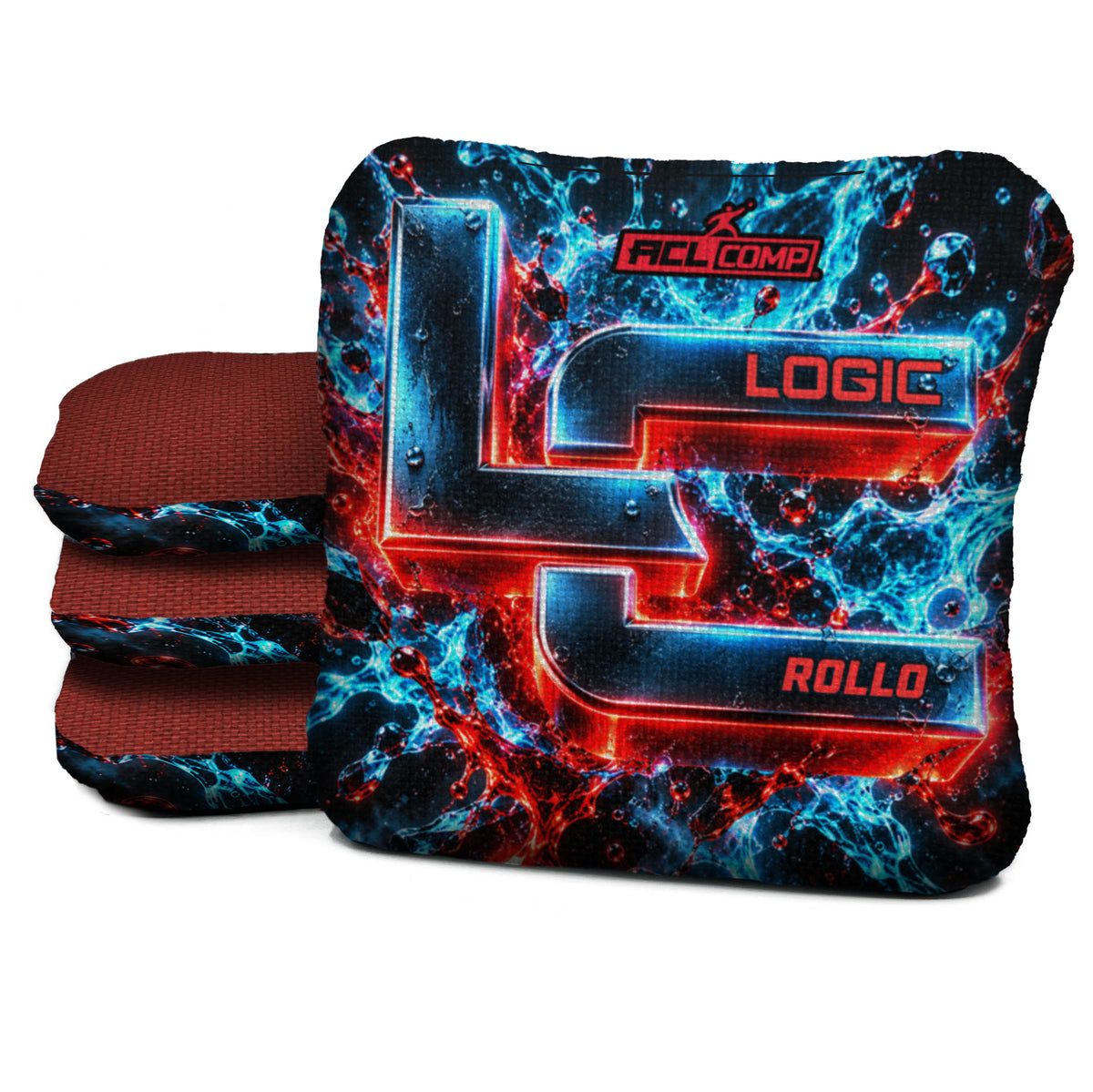 Chrome Splash Logic Cornhole Rollo ACL COMP cornhole bag mockup with red carpet reverse