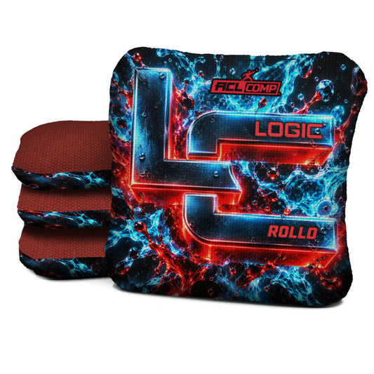 Chrome Splash Logic Cornhole Rollo ACL COMP cornhole bag mockup with red carpet reverse