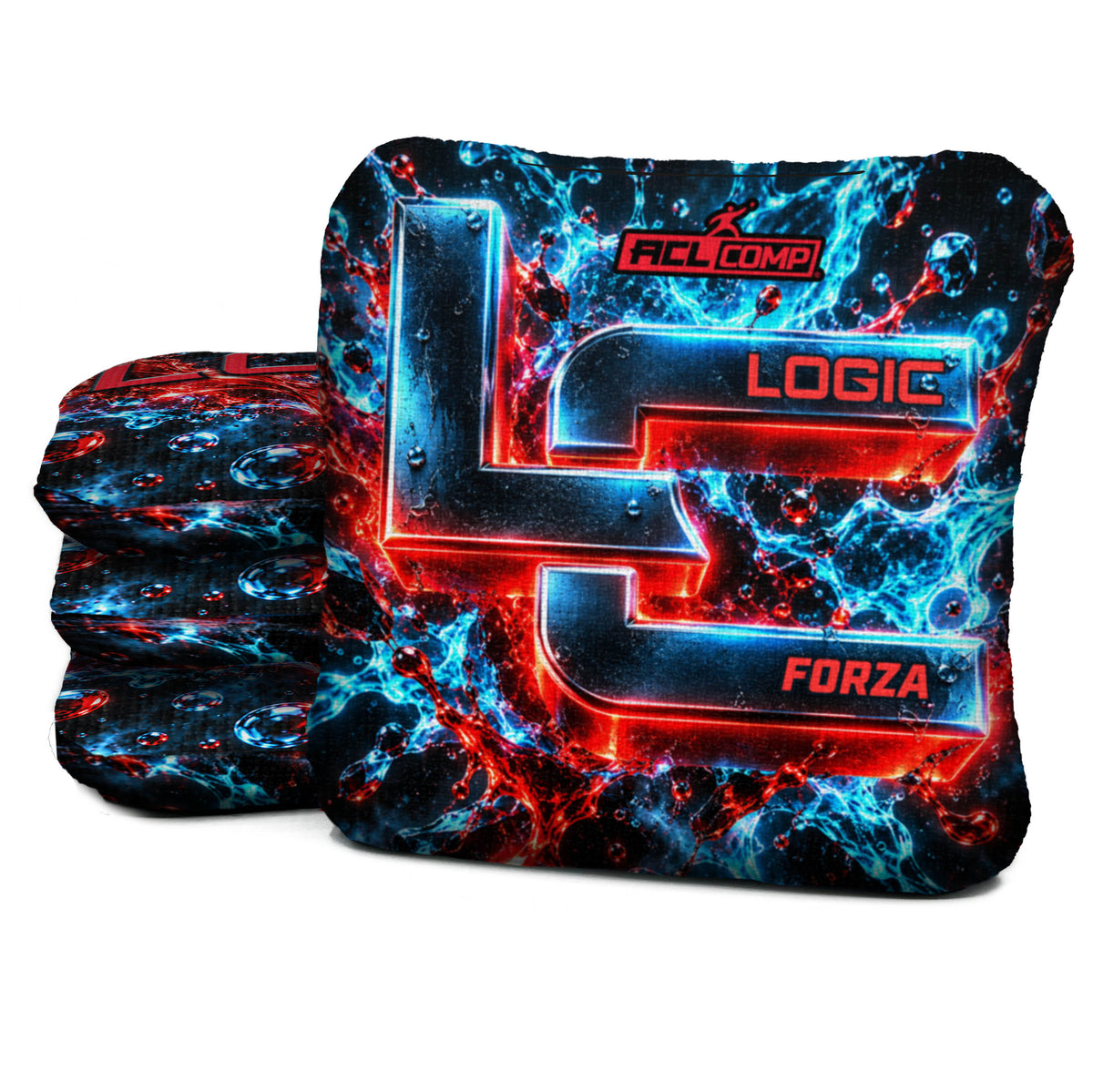 Chrome Splash Logic Cornhole Forza ACL COMP cornhole bag mockup with matching red and blue printed reverse