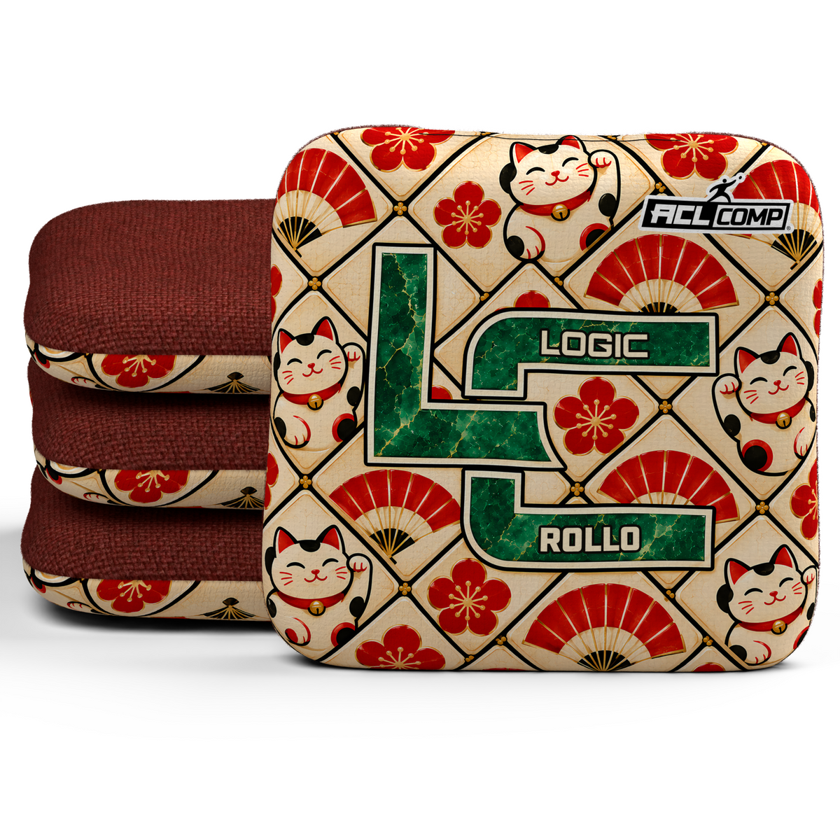Lucky Jade Rollo ACL cornhole bags, set of four, with Red carpet.