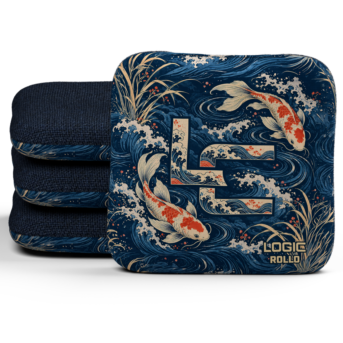 Koi LC Rollo Unstamped Regular cornhole bags, set of four, Denim carpet.