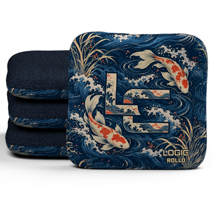 Koi LC Rollo Unstamped Regular cornhole bags, set of four, Denim carpet.