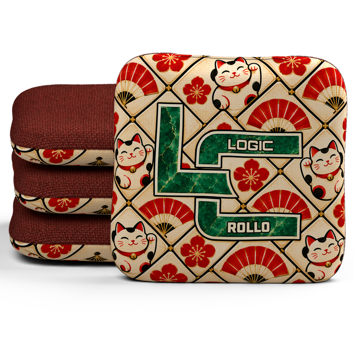 Lucky Jade Rollo unstamped cornhole bags, set of four, with Red carpet.