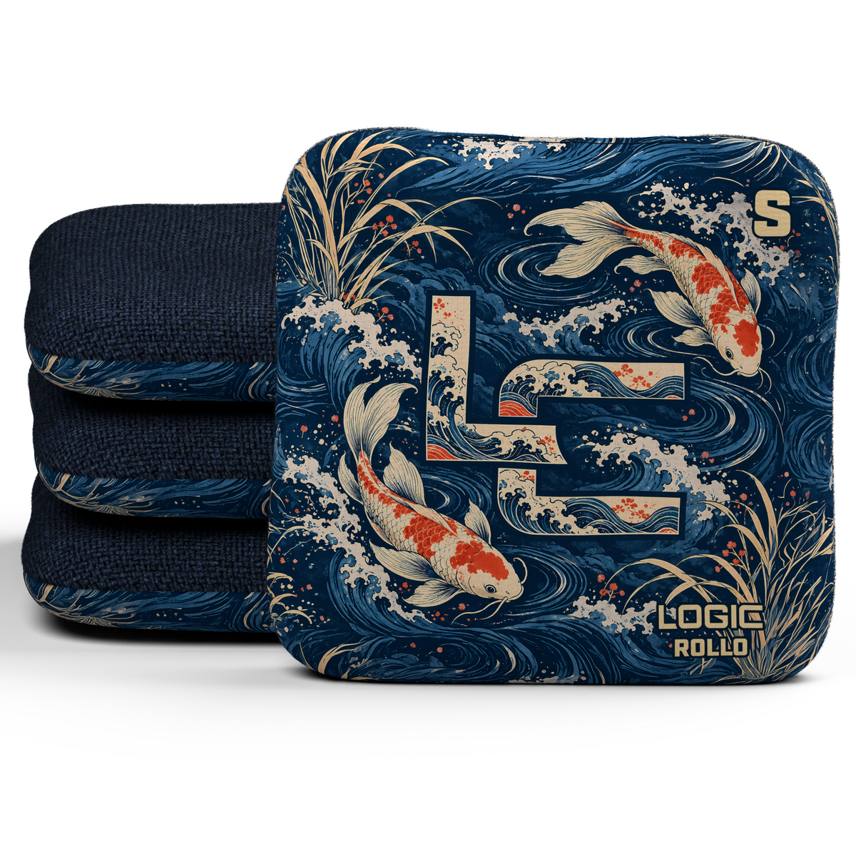Koi LC Rollo Unstamped S cornhole bags, set of four, Denim carpet.