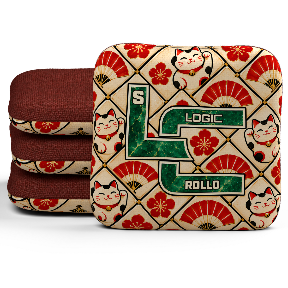Lucky Jade Rollo unstamped S cornhole bags, set of four, with Red carpet.