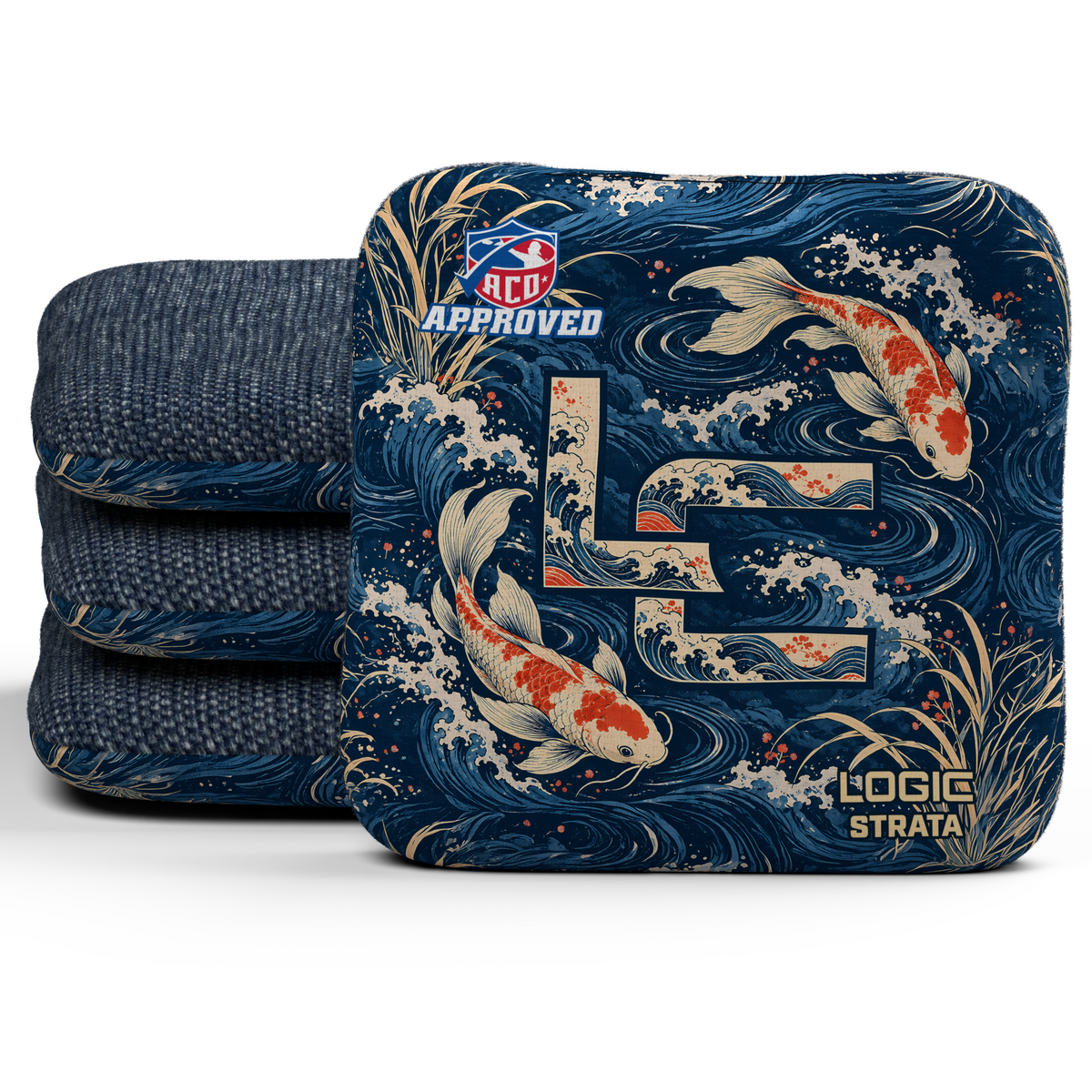 Koi LC Strata ACO Regular cornhole bags, set of four, Navy carpet.