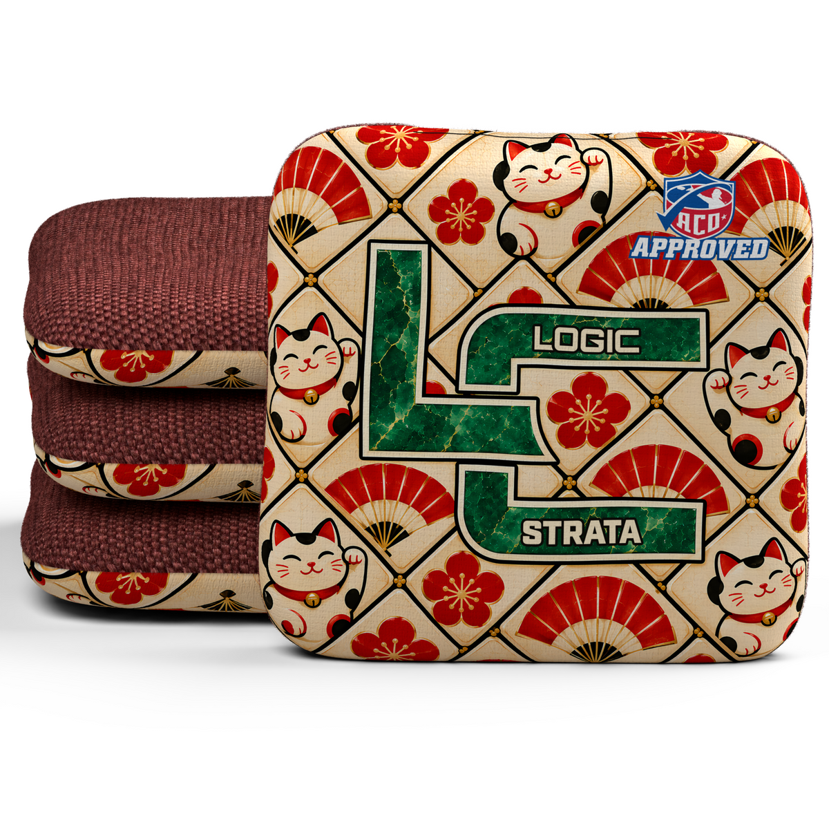Lucky Jade Strata ACO cornhole bags, set of four, with Red hybrid carpet.