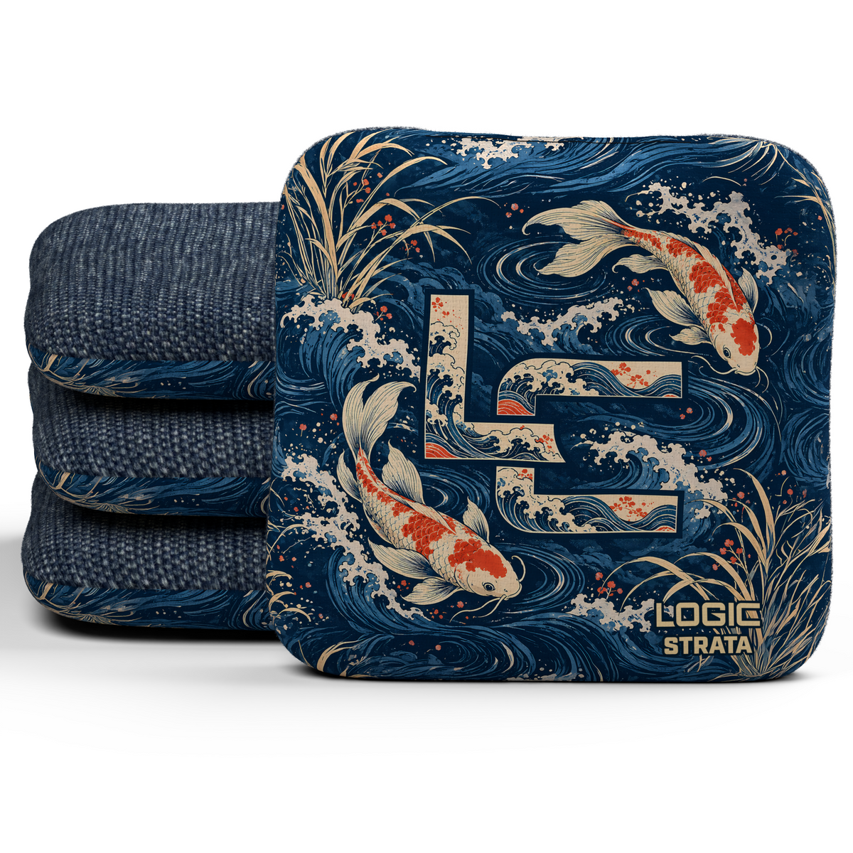 Koi LC Strata Unstamped Regular cornhole bags, set of four, Navy carpet.