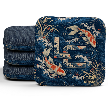 Koi LC Strata Unstamped Regular cornhole bags, set of four, Navy carpet.