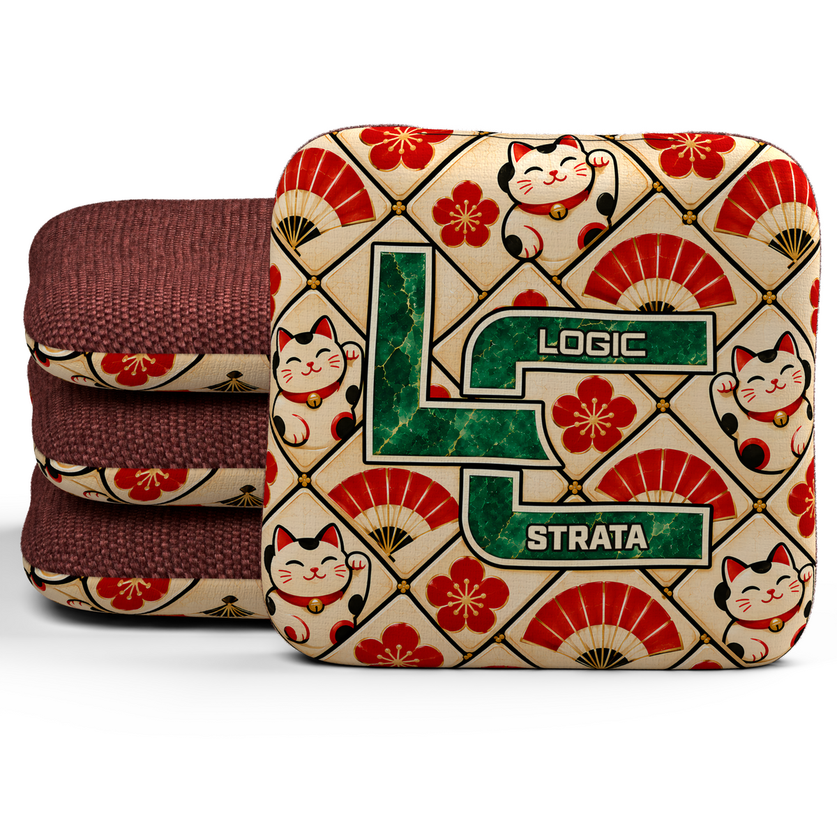 Lucky Jade Strata unstamped cornhole bags, set of four, with Red hybrid carpet.