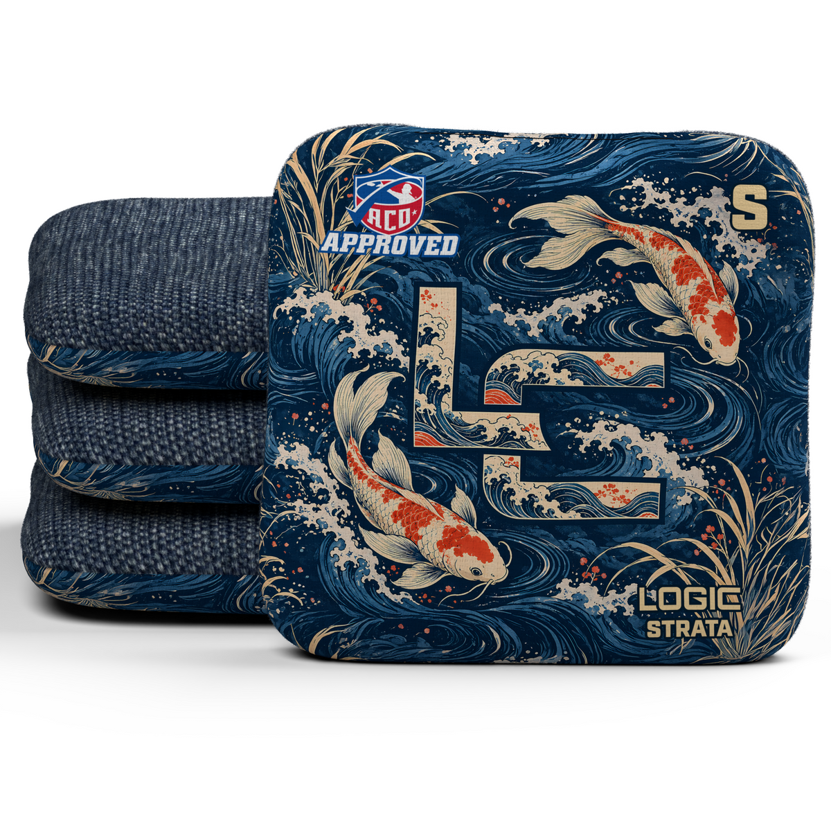 Koi LC Strata ACO S cornhole bags, set of four, Navy carpet.