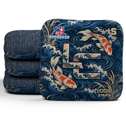 Koi LC Strata ACO S cornhole bags, set of four, Navy carpet.