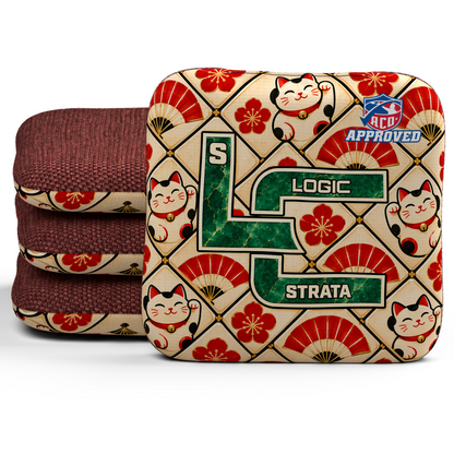 Lucky Jade Strata ACO S cornhole bags, set of four, with Red hybrid carpet.