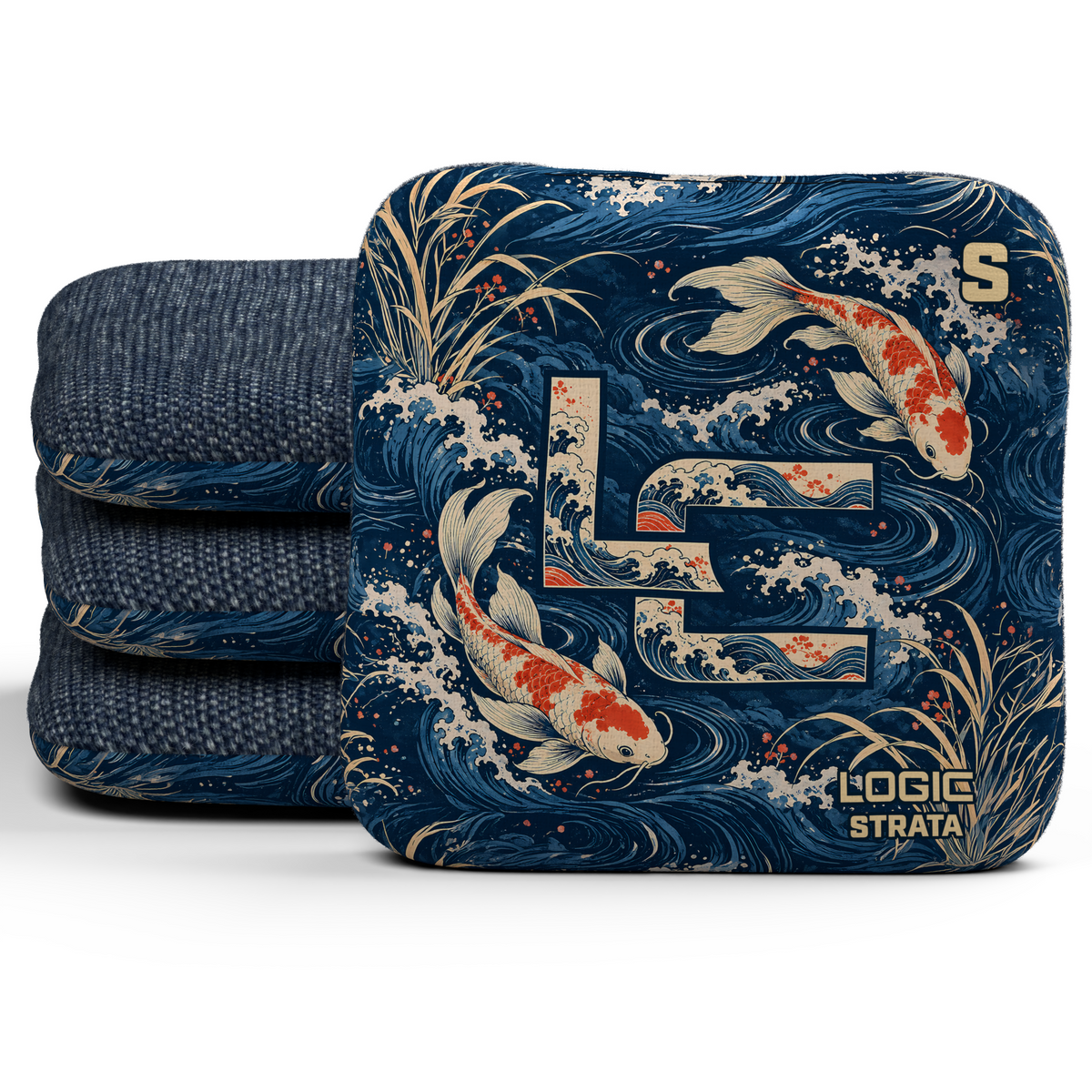 Koi LC Strata Unstamped S cornhole bags, set of four, Navy carpet.