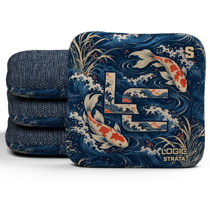 Koi LC Strata Unstamped S cornhole bags, set of four, Navy carpet.