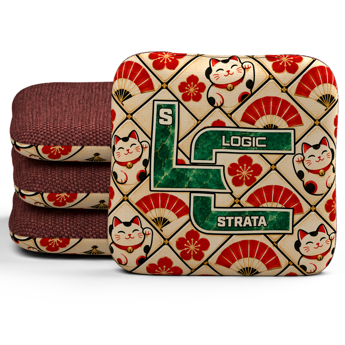 Lucky Jade Strata unstamped S cornhole bags, set of four, with Red hybrid carpet.
