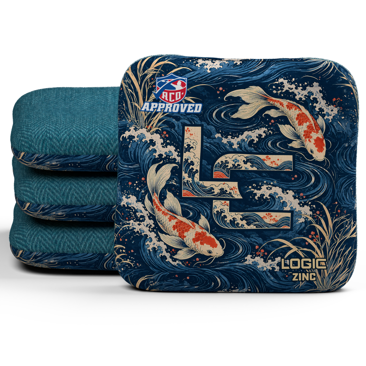 Koi LC Zinc ACO Regular cornhole bags, set of four, Teal carpet.
