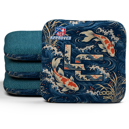 Koi LC Zinc ACO Regular cornhole bags, set of four, Teal carpet.