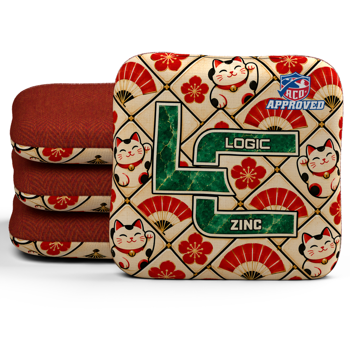 Lucky Jade Zinc ACO cornhole bags, set of four, with Red carpet.