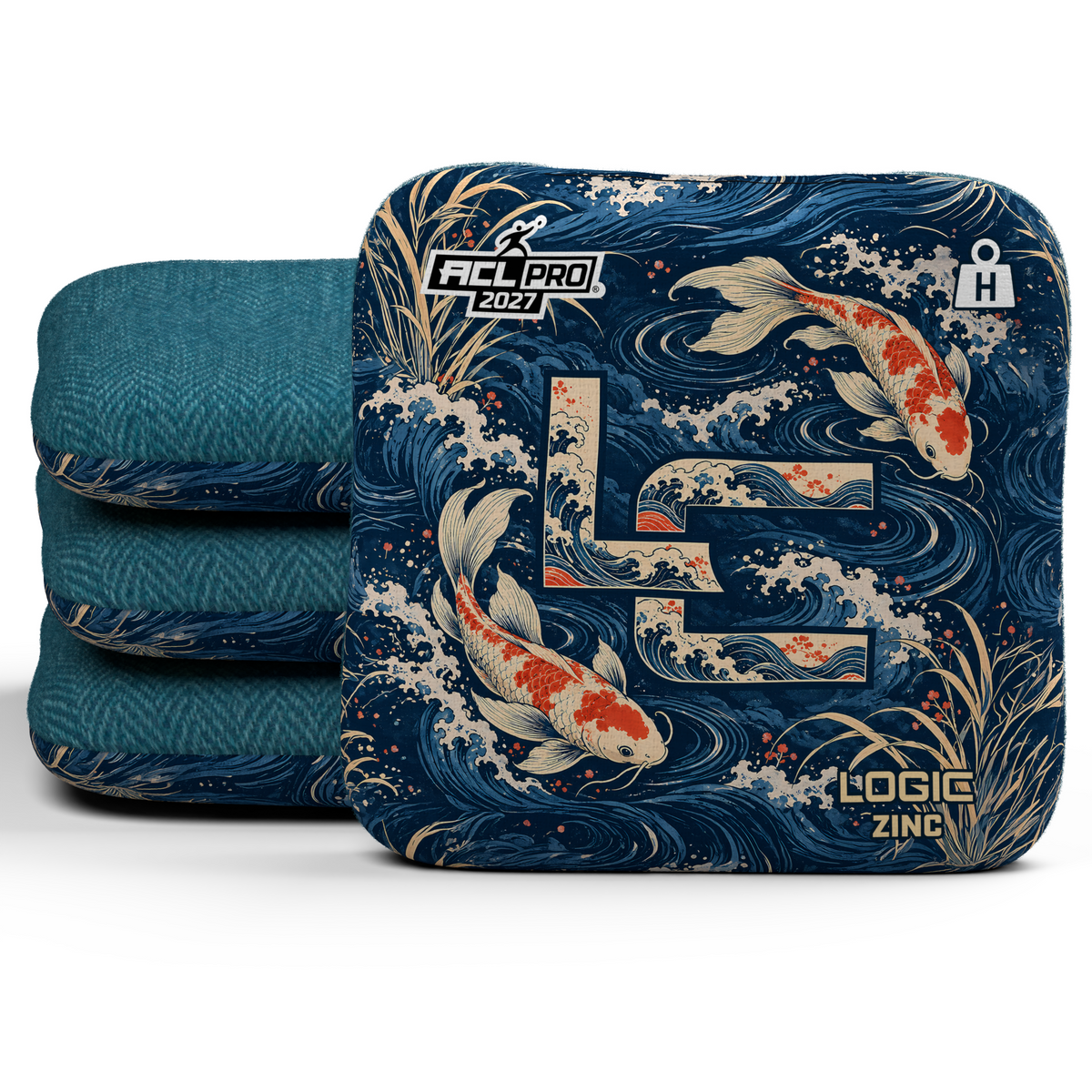 Koi LC Zinc ACL H (Heavy) cornhole bags, set of four, Teal carpet.