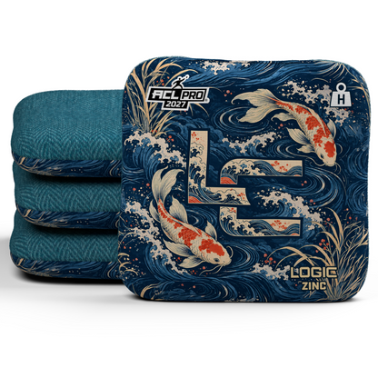 Koi LC Zinc ACL H (Heavy) cornhole bags, set of four, Teal carpet.