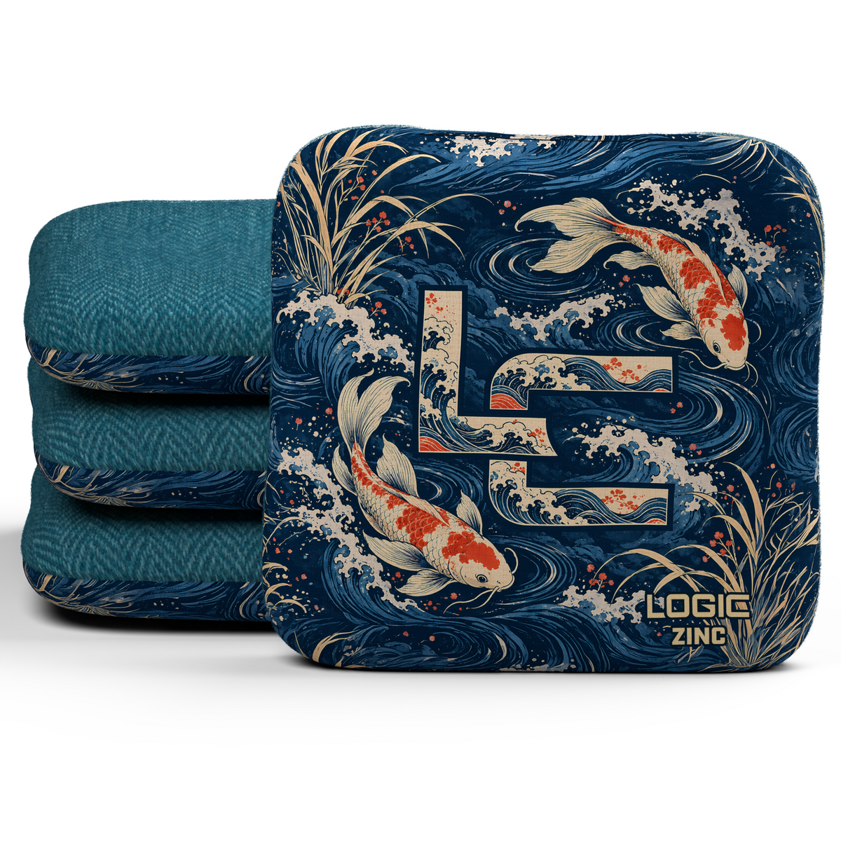 Koi LC Zinc Unstamped Regular cornhole bags, set of four, Teal carpet.