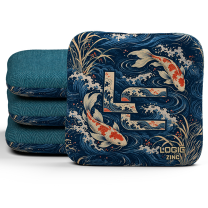 Koi LC Zinc Unstamped Regular cornhole bags, set of four, Teal carpet.