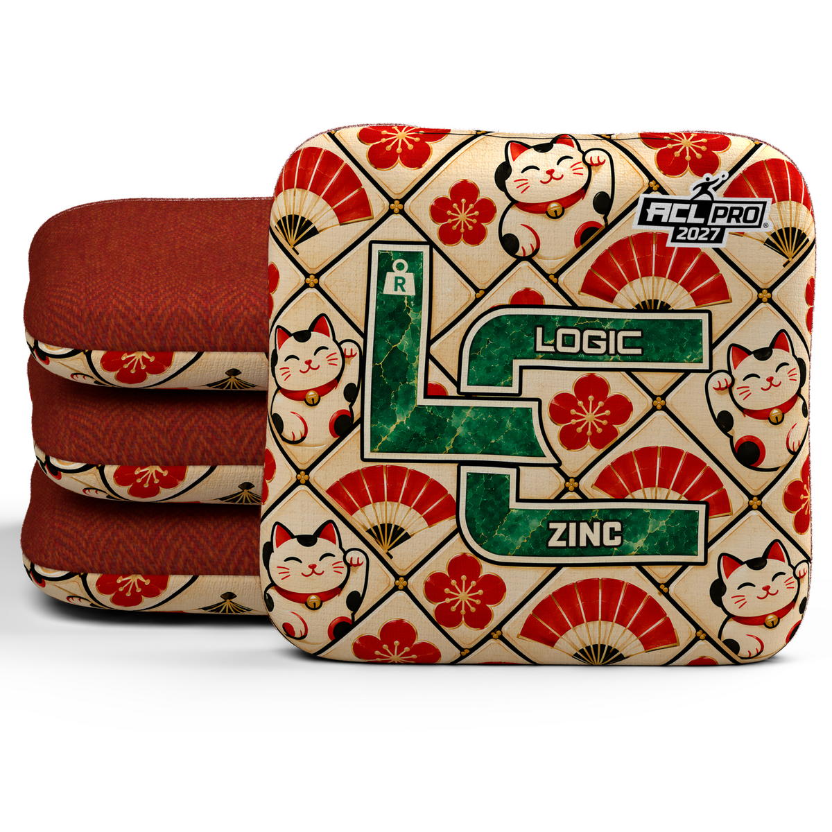 Lucky Jade Zinc ACL Regular cornhole bags, set of four, with Red carpet.