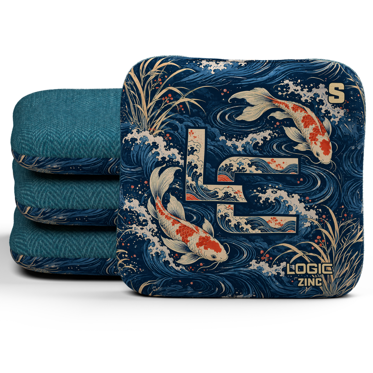 Koi LC Zinc Unstamped S cornhole bags, set of four, Teal carpet.