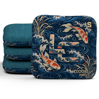 Koi LC Zinc Unstamped S cornhole bags, set of four, Teal carpet.