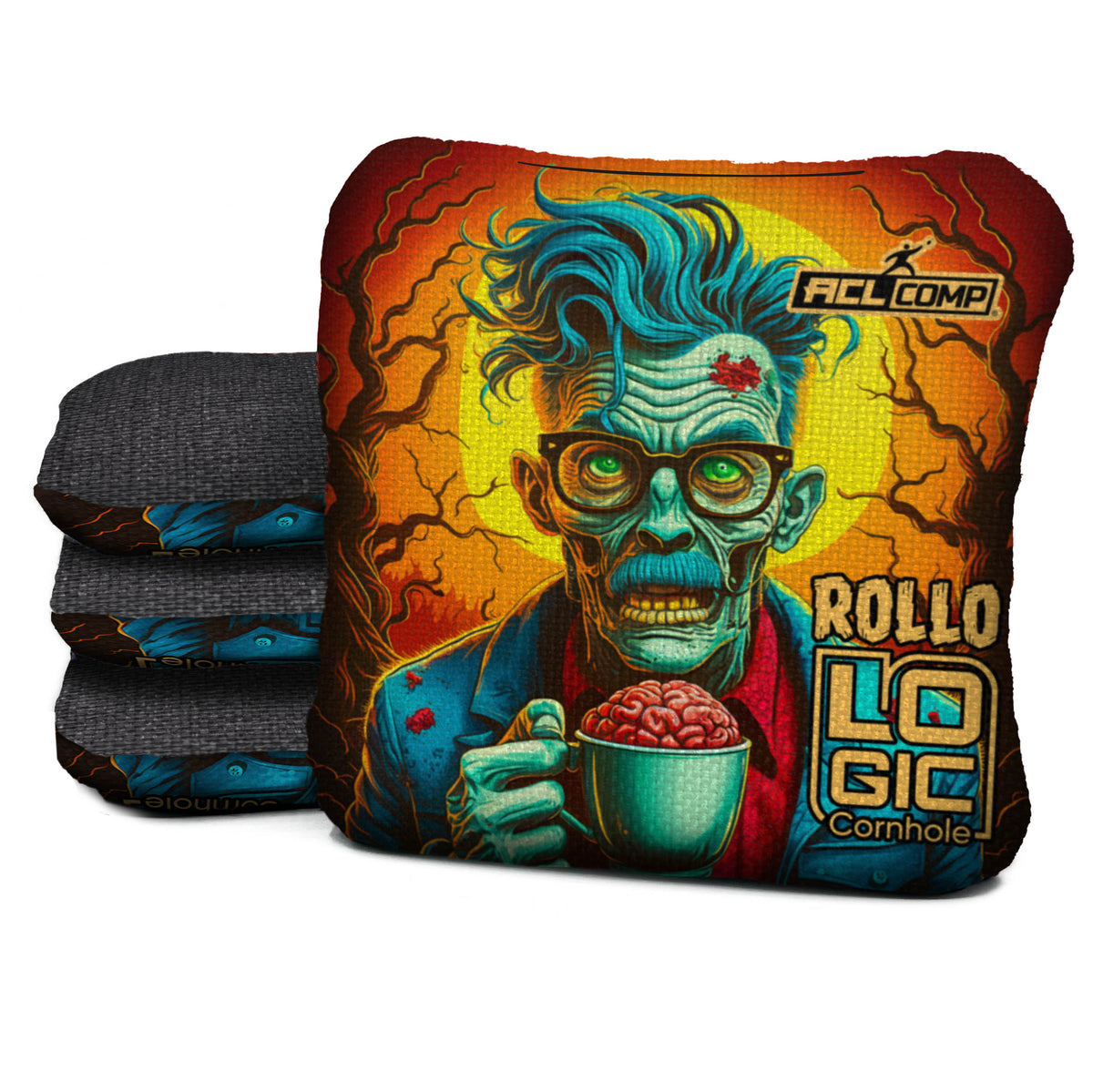 Zombie Brain Tea Rollo cornhole bags — yearless ACL COMP — Carbon carpet